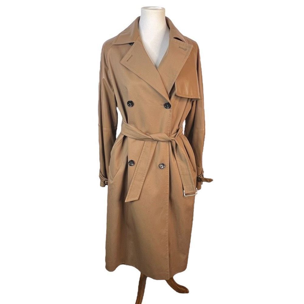 Max Mara Lichene Cotton & Leather Tan Belted Trench Coat Classic Size 8 - Picture 10 of 16